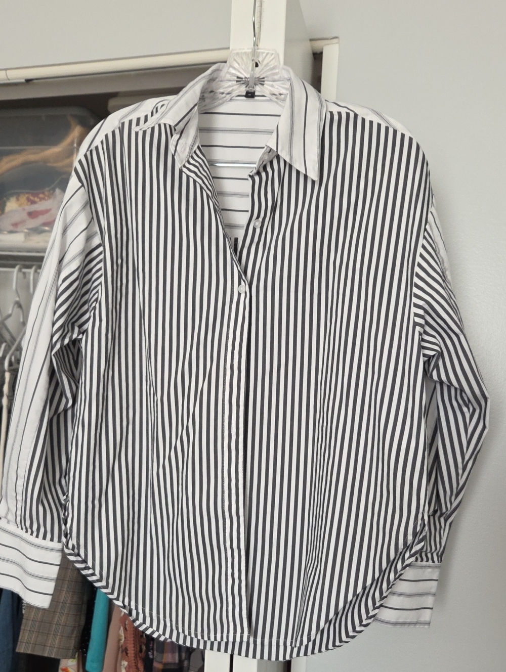 Express Gray and White Vertical Stripe Button-Down Shirt